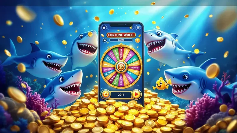 Tampilan mobile permainan tembak ikan dengan kontrol meriam dan target bergerak