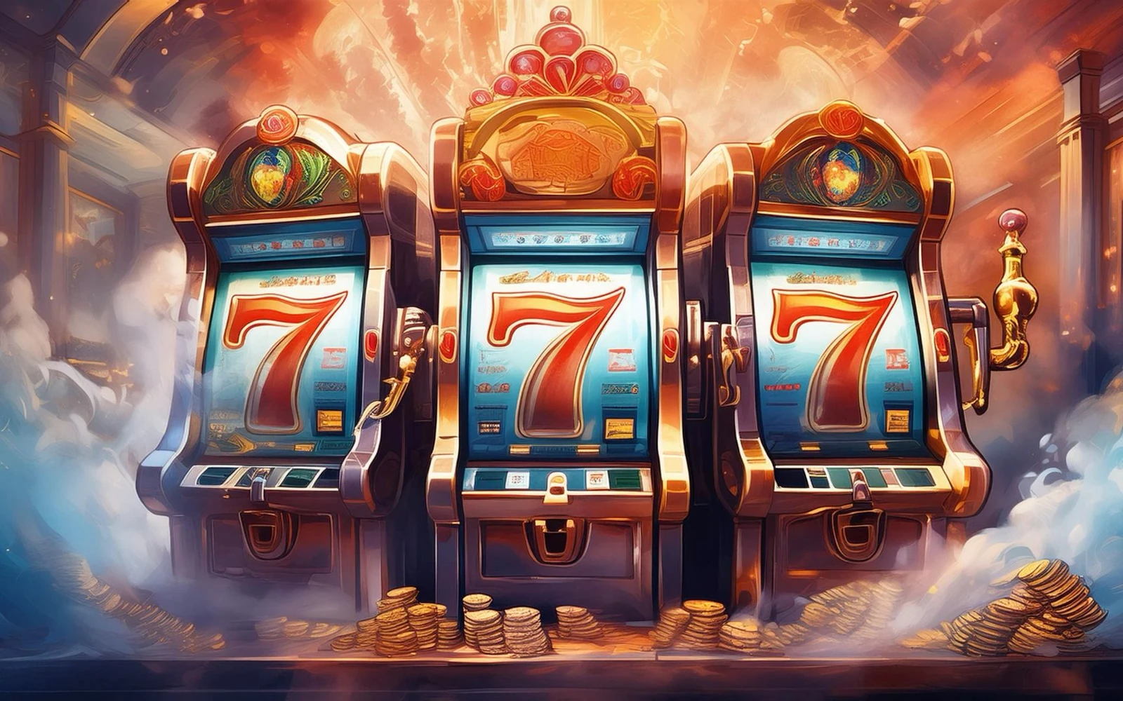 Ilustrasi layar slot dengan simbol permainan dan efek cahaya