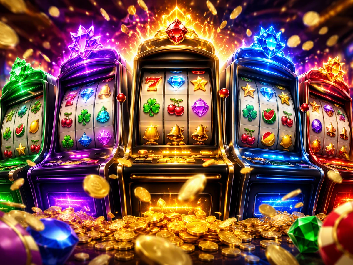 Tampilan permainan slot dengan gulungan dan simbol berwarna